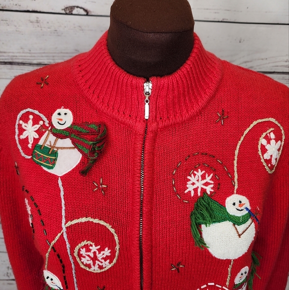 Designer Originals Red‎ Snowman Christmas Zippered Cardigan Size Small - Picture 2 of 10
